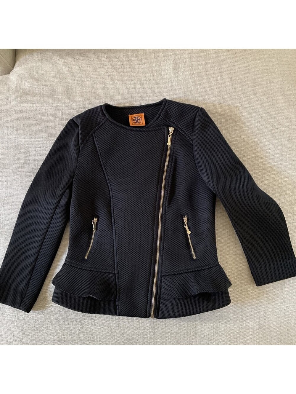 TORY BURCH BLACK PERFORMANCE LONG SLEEVE CROP JACKET : S
